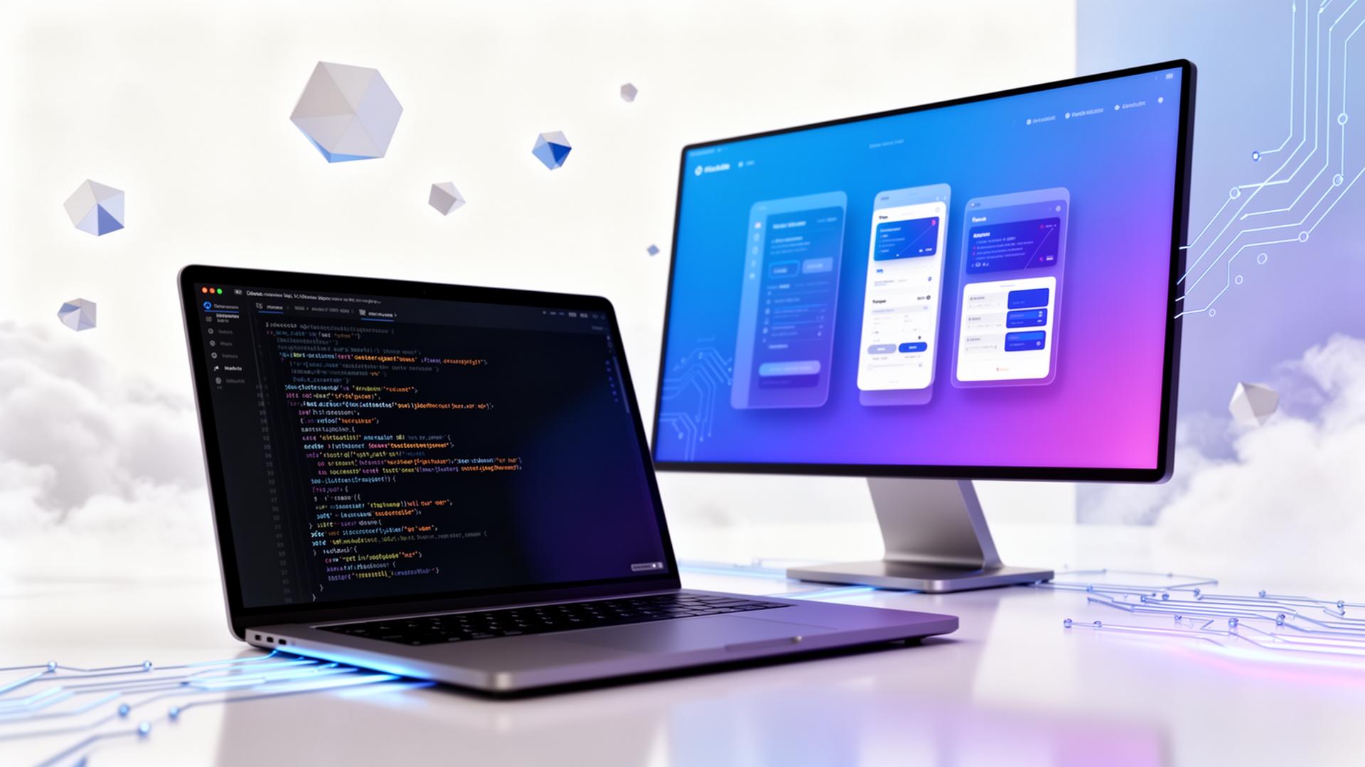 Modern laptop and monitor displaying website code and UI mockups